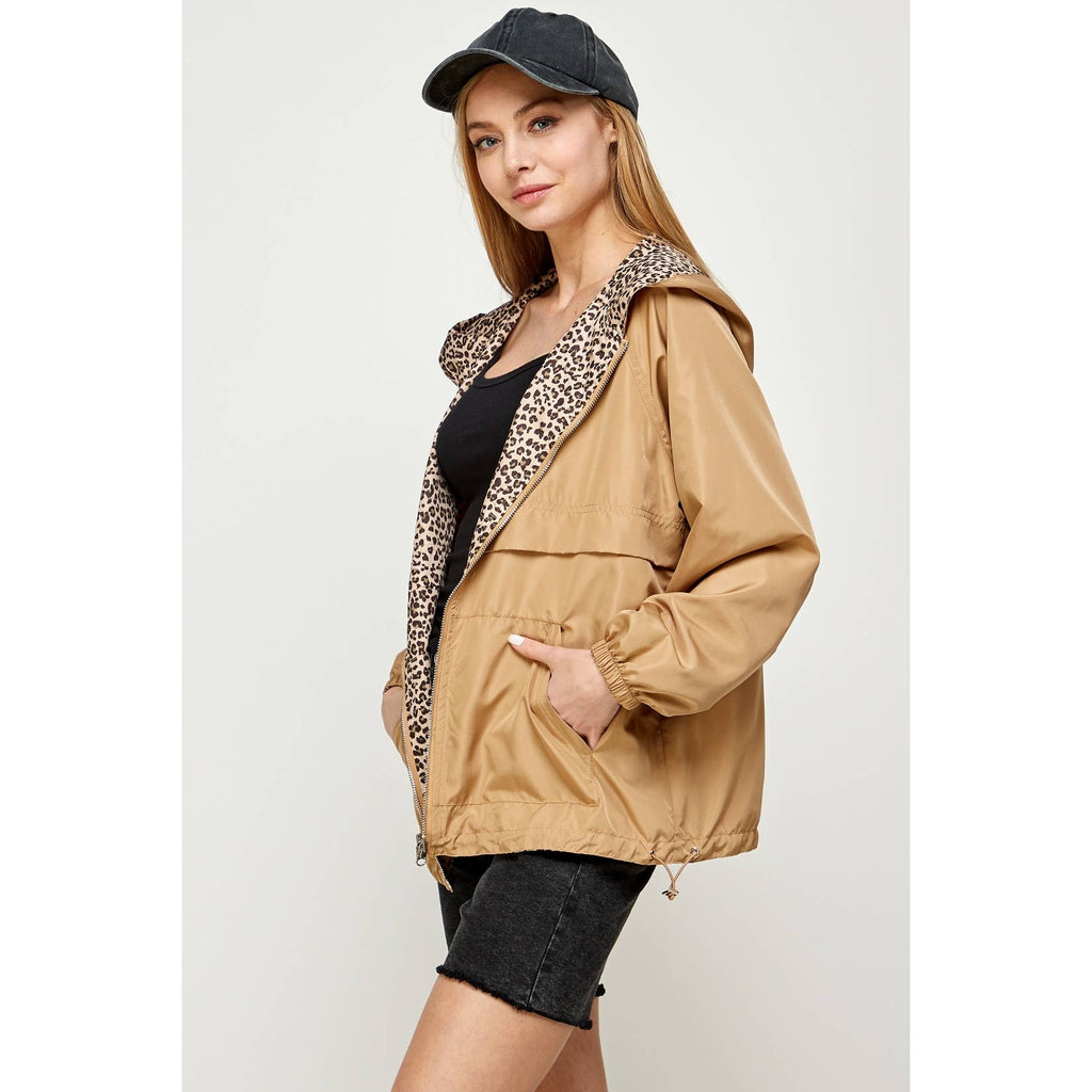 Tan Leopard Reversible Windbreaker Hoodie