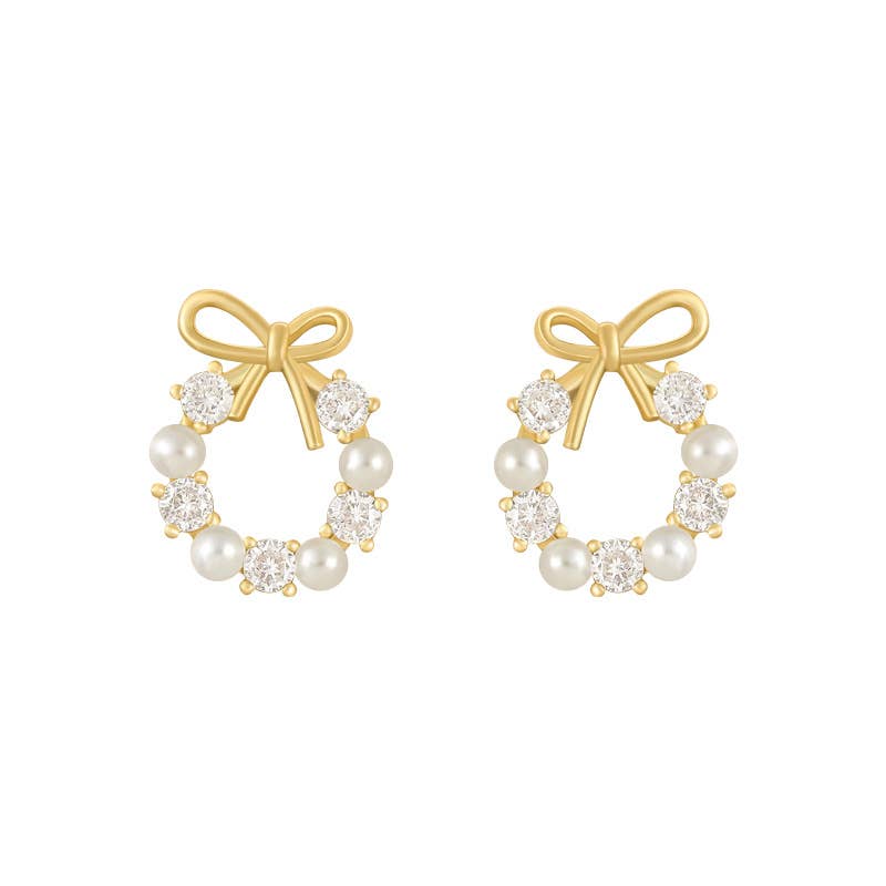 Sparkling Bow Pearl diamond Stud Earrings