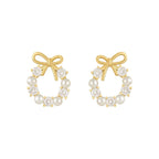 Sparkling Bow Pearl diamond Stud Earrings