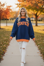 Custom Navy Sweater with Orange Polka Dot Trim & Appliqué Embroidery