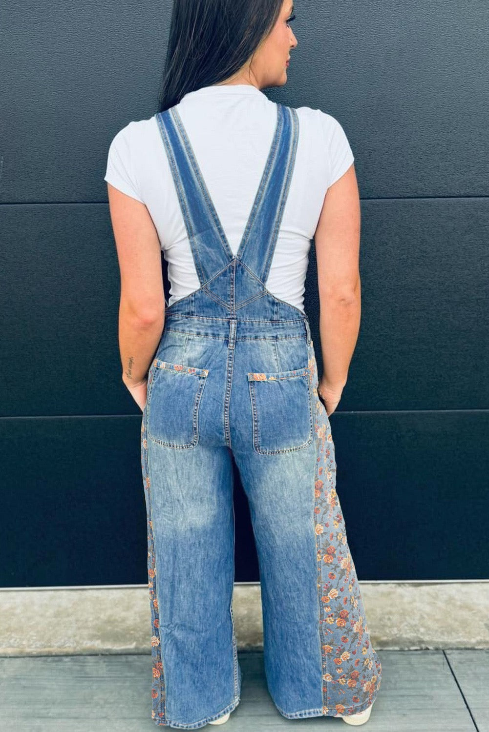 Peacock Blue Floral Patchwork Bib Denim Wide-Leg Overalls