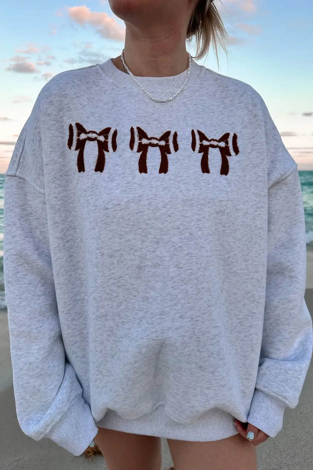 Light Grey Embroidered Football Bow Back Long Sleeve Sweatshirt