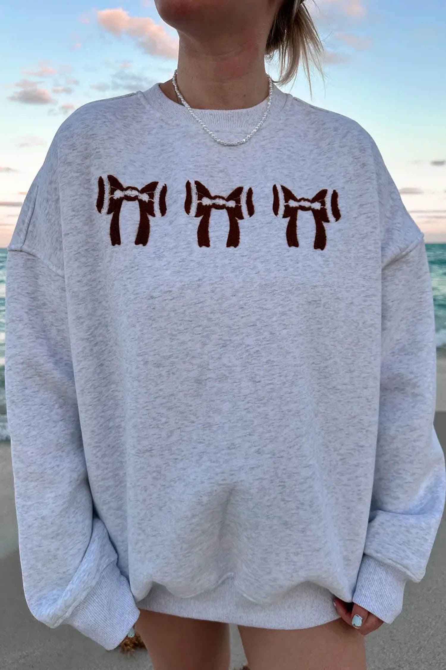 Light Grey Embroidered Football Bow Back Long Sleeve Sweatshirt