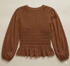 Coffee Solid Color Smocked Ruffle Hem Long Sleeve Blouse