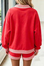Polka Dot/Gingham Trim Baggy Pullover 2-Piece Short Setting