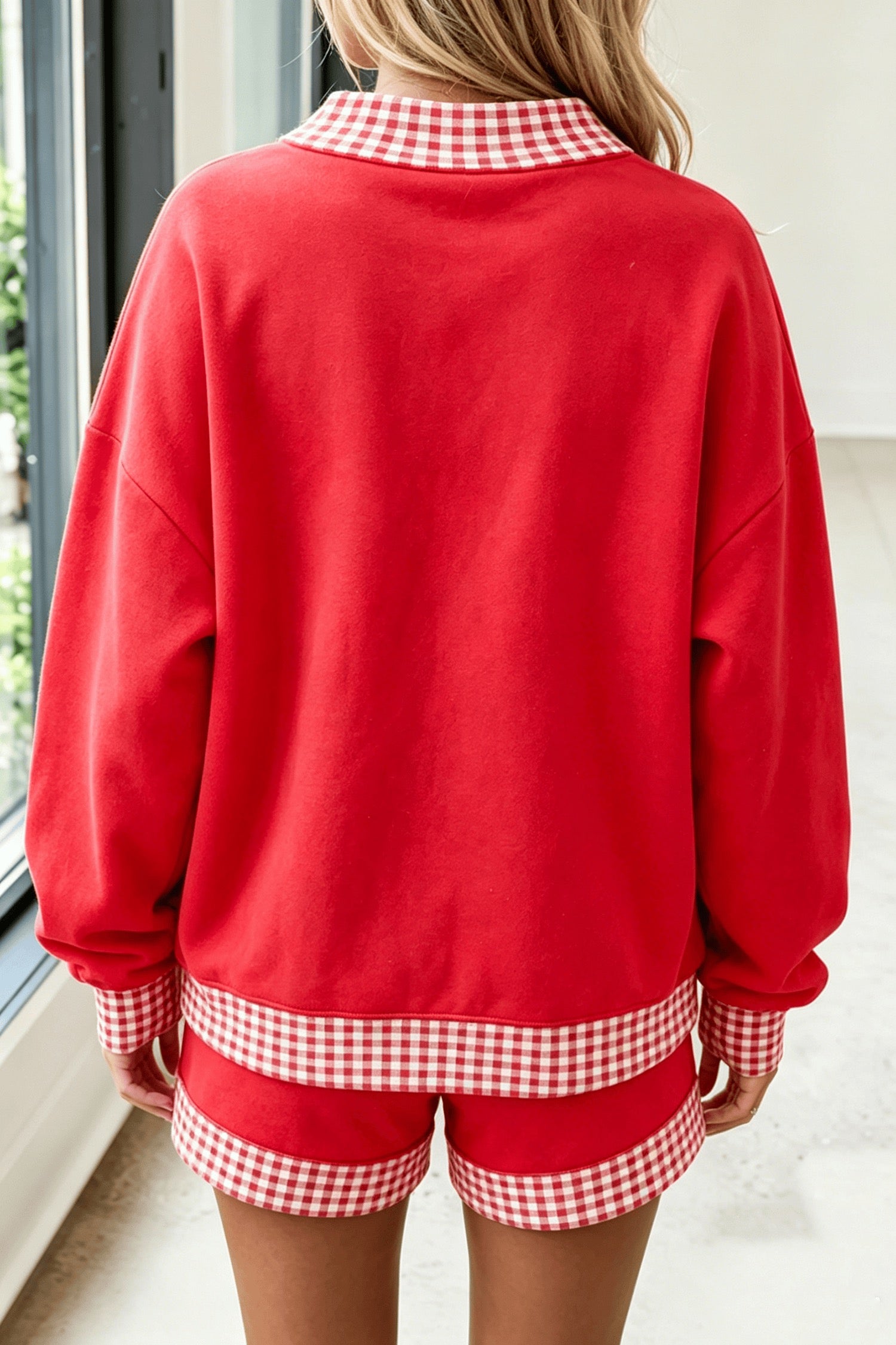 Polka Dot/Gingham Trim Baggy Pullover 2-Piece Short Setting