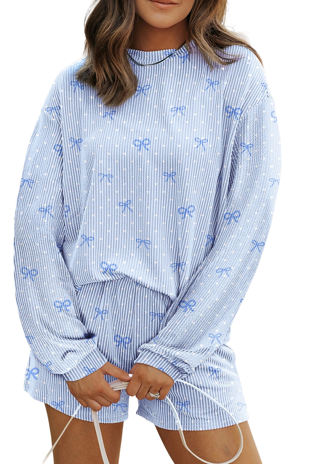 Sky Blue Polka Dot & Heart Print Two Piece Set