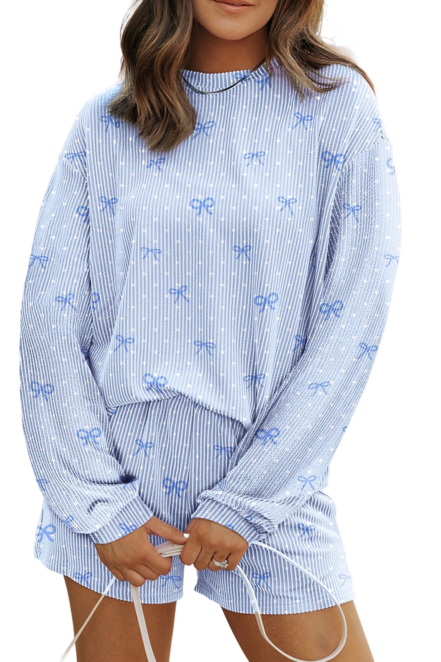 Sky Blue Polka Dot & Heart Print Two Piece Set