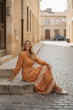 Orange Floral Print Smocked Waist Long Sleeve Boho Maxi Dress