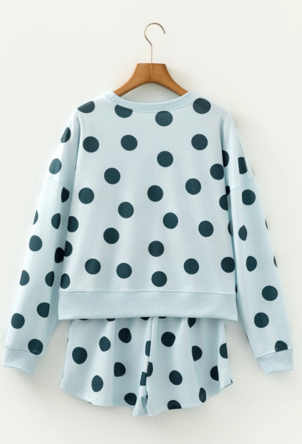 Sky Blue Polka Dot Print Drop Shoulder Pullover Drawstring Shorts Setk