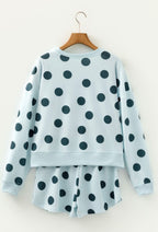 Sky Blue Polka Dot Print Drop Shoulder Pullover Drawstring Shorts Setk