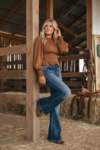 Coffee Solid Color Smocked Ruffle Hem Long Sleeve Blouse