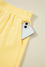 Yellow Color Block Patchwork Half Button Pullover and Shorts 2pcs Outfit
