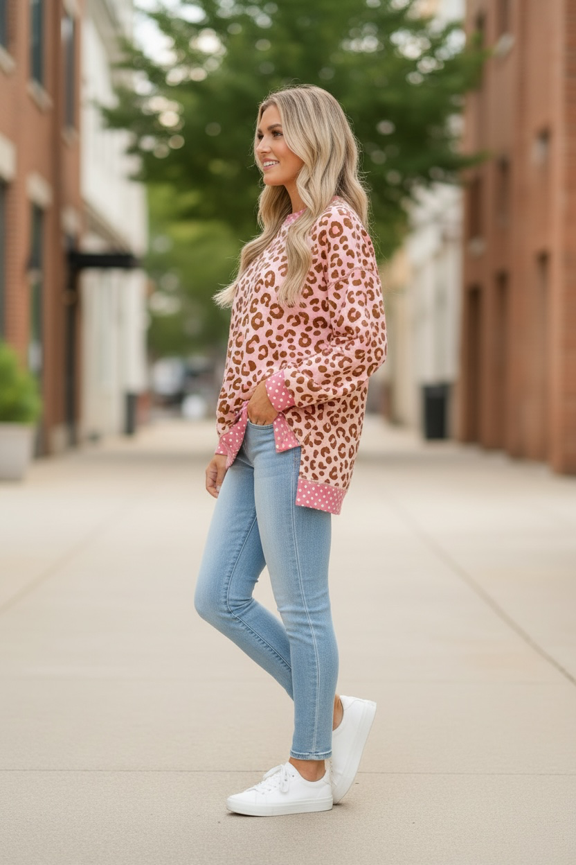 Pink Leopard Polka Dot Colorblock Trim Long Sleeve Top