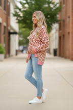 Pink Leopard Polka Dot Colorblock Trim Long Sleeve Top