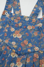 Blue Vintage Rose Printed Loose Denim Overall Jumpsuit