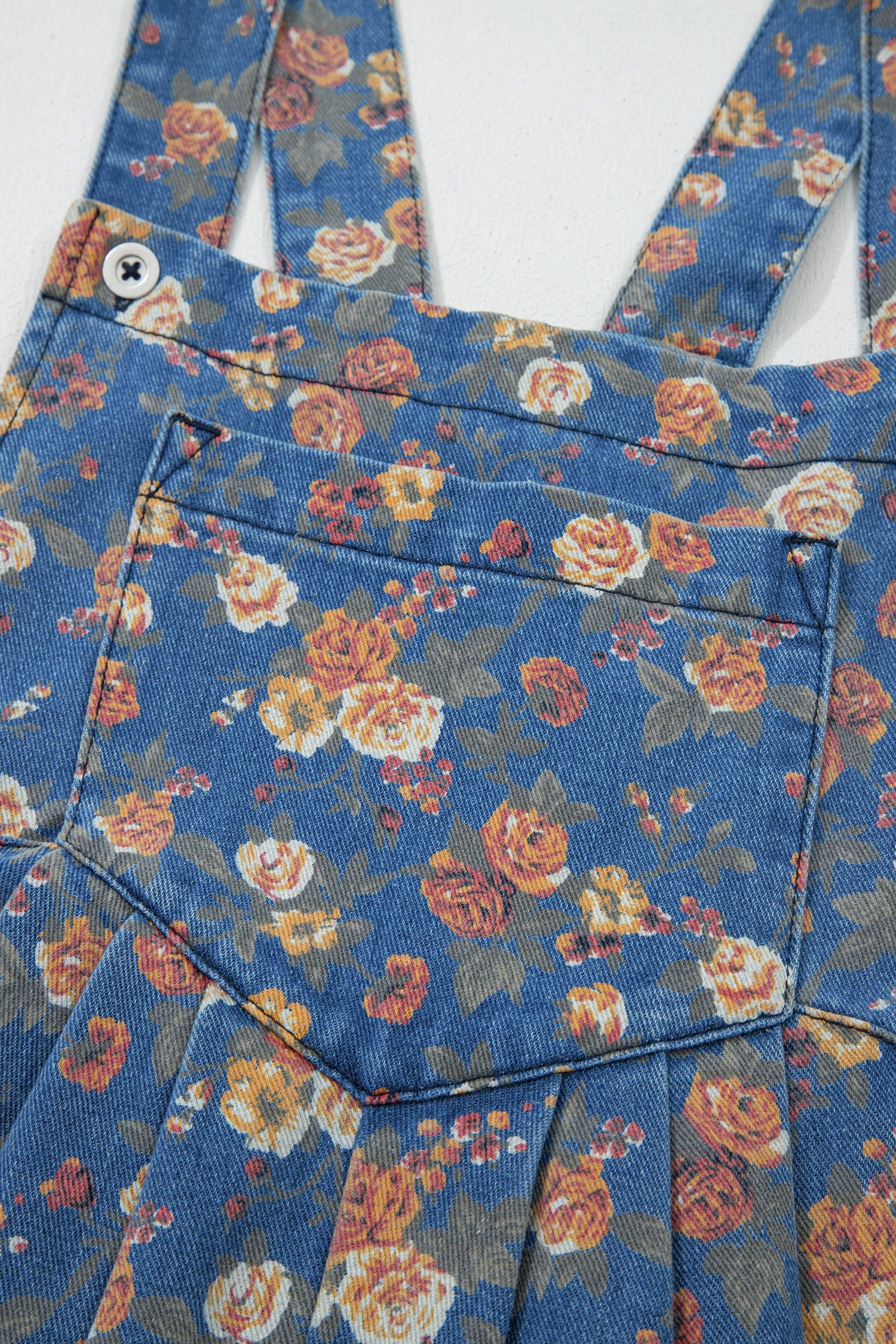 Blue Vintage Rose Printed Loose Denim Overall Jumpsuit