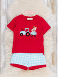 Little Tractor Helper Embroidered Plaid Outfit