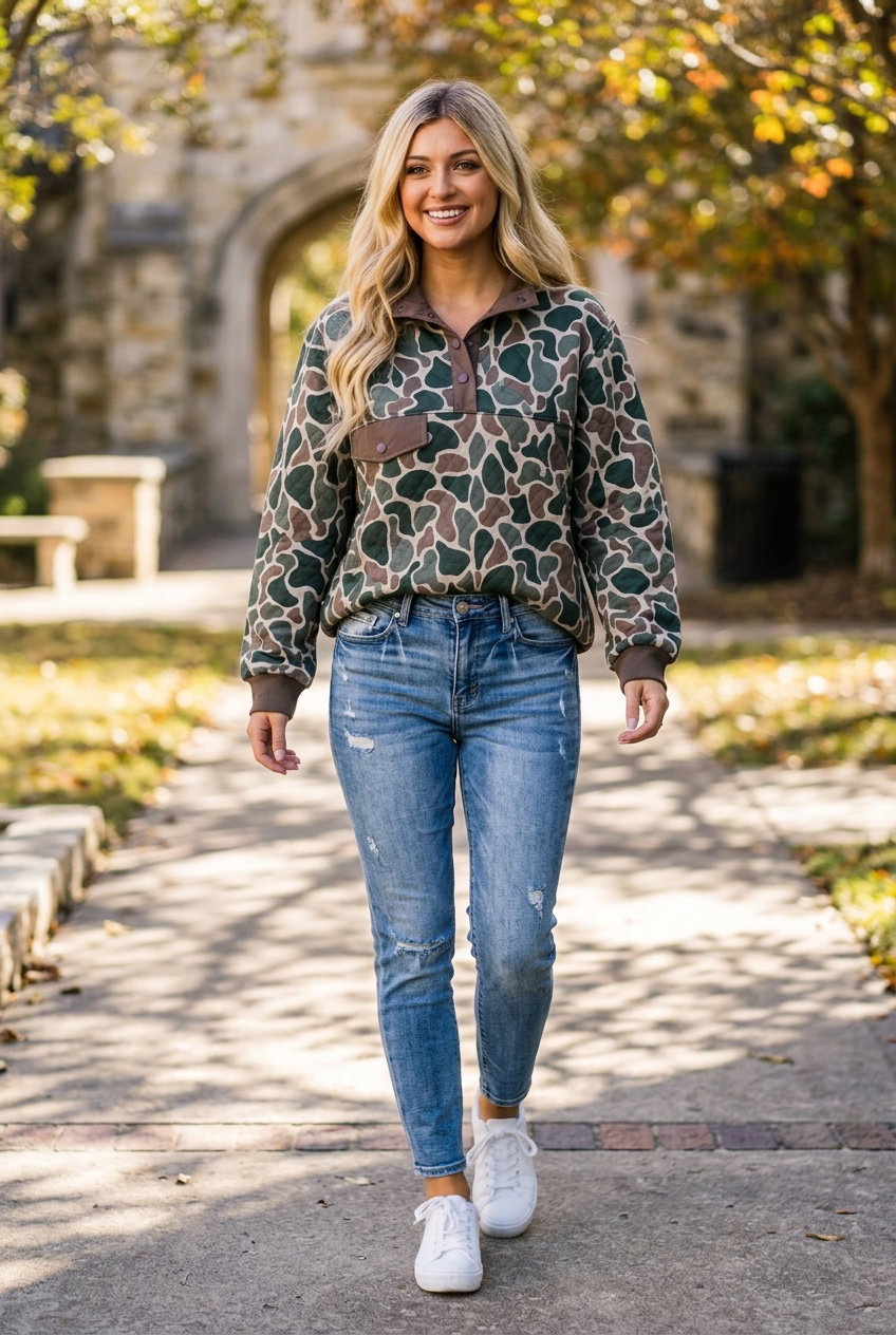 Camo Quarter-Snap Quilted Pullover