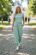 Moonlight Jade Solid Color Cropped Tank Top and Jogger Pants Set