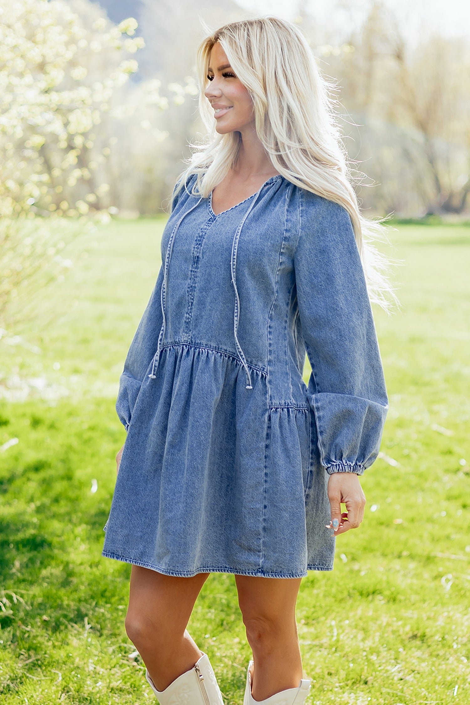 Myosotis Puff Sleeve V-Neck Ruffled Loose Denim Mini Dress