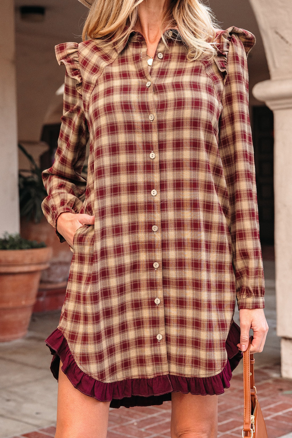Red Plaid Print Ruffled Long Sleeve Patchwork Hem Mini Shirt Dress