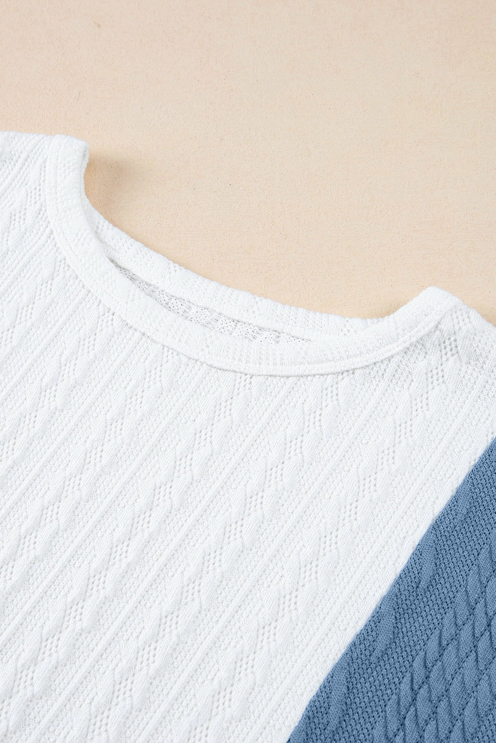Light Blue Textured Color Block Loose Fit T-Shirt