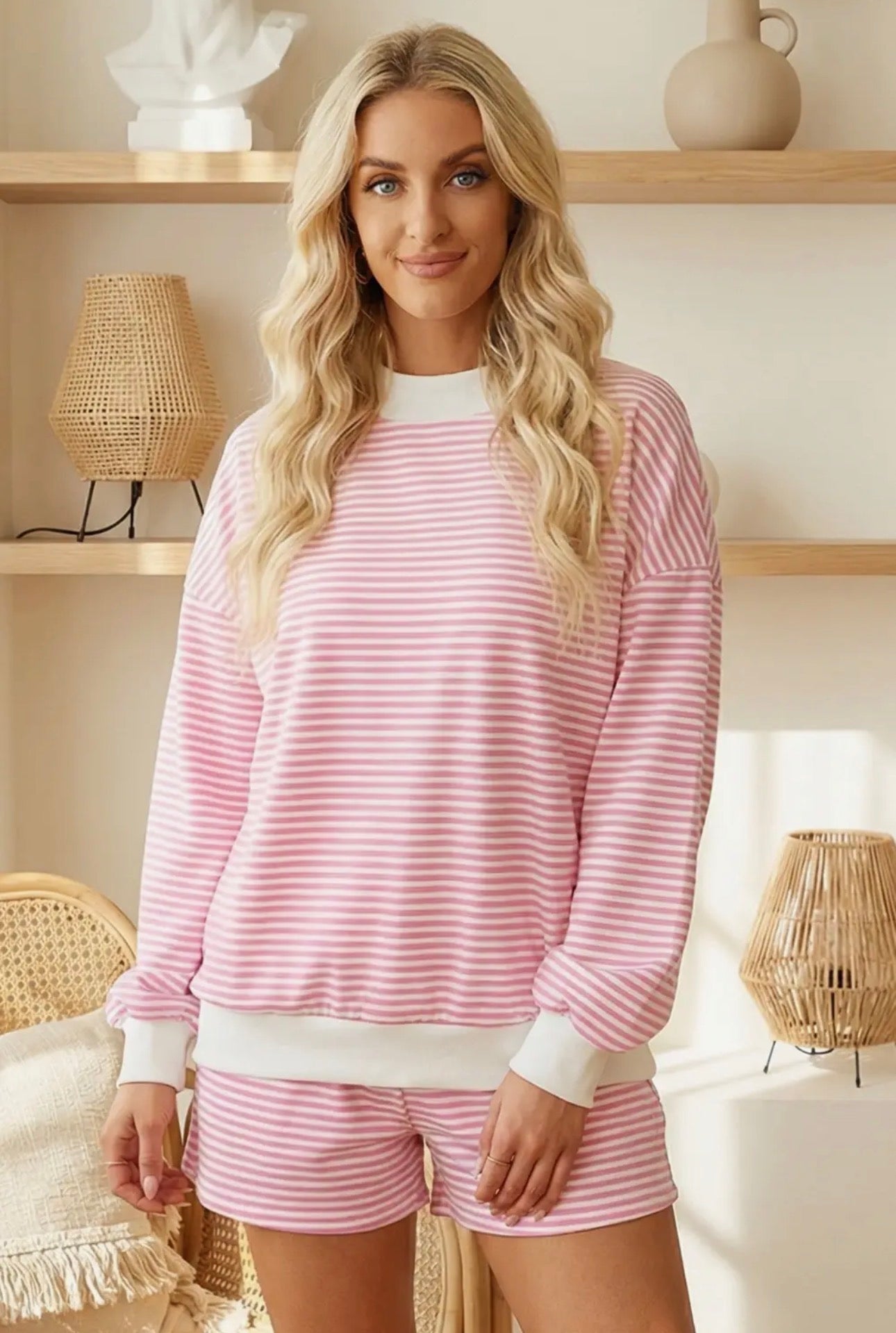 66Stripe Oversize Mock Neck Sweatshirt and Shorts Set (S-XL)