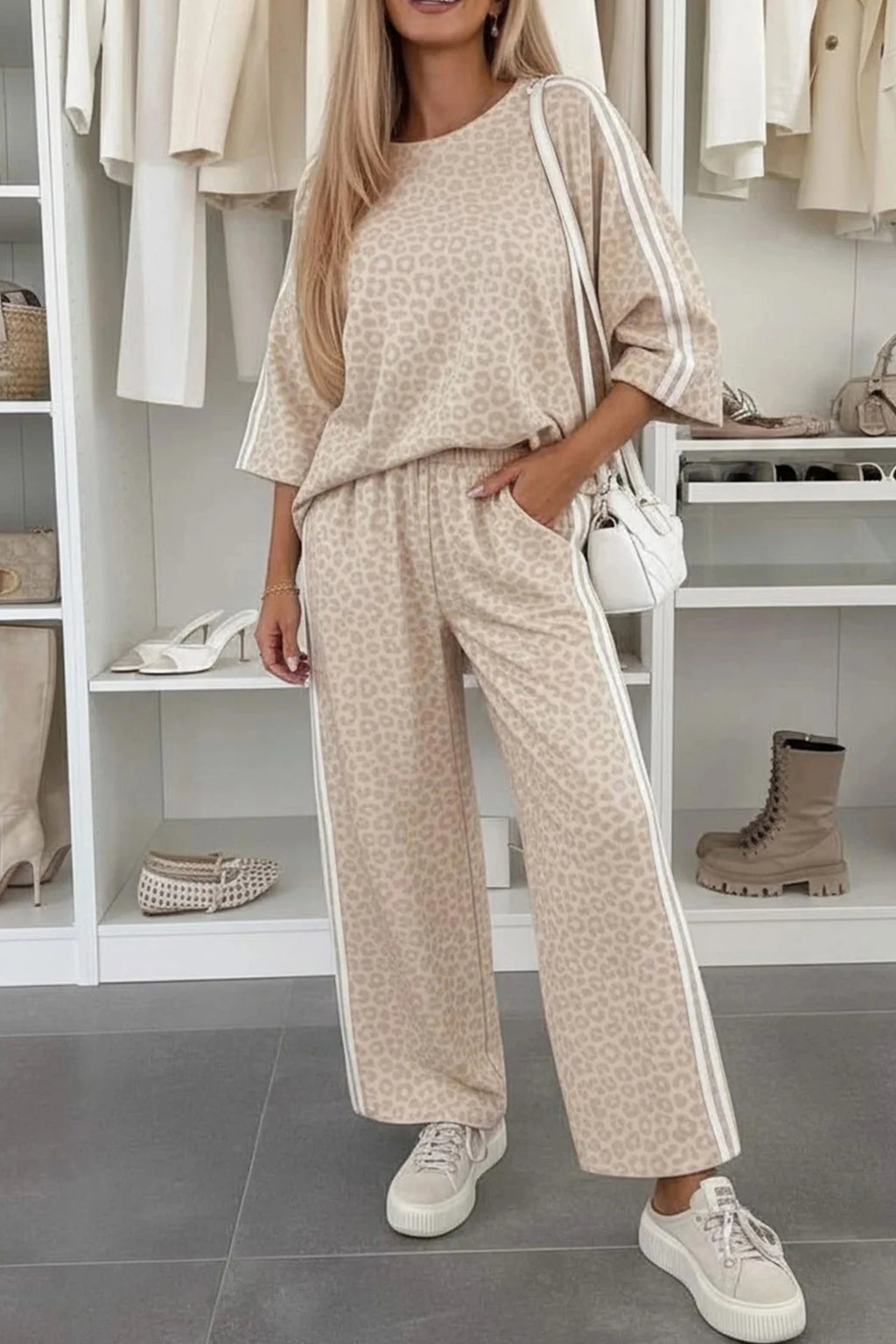 Leopard Print Varsity Striped Pant Set