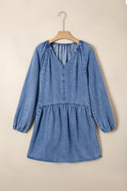 Myosotis Puff Sleeve V-Neck Ruffled Loose Denim Mini Dress