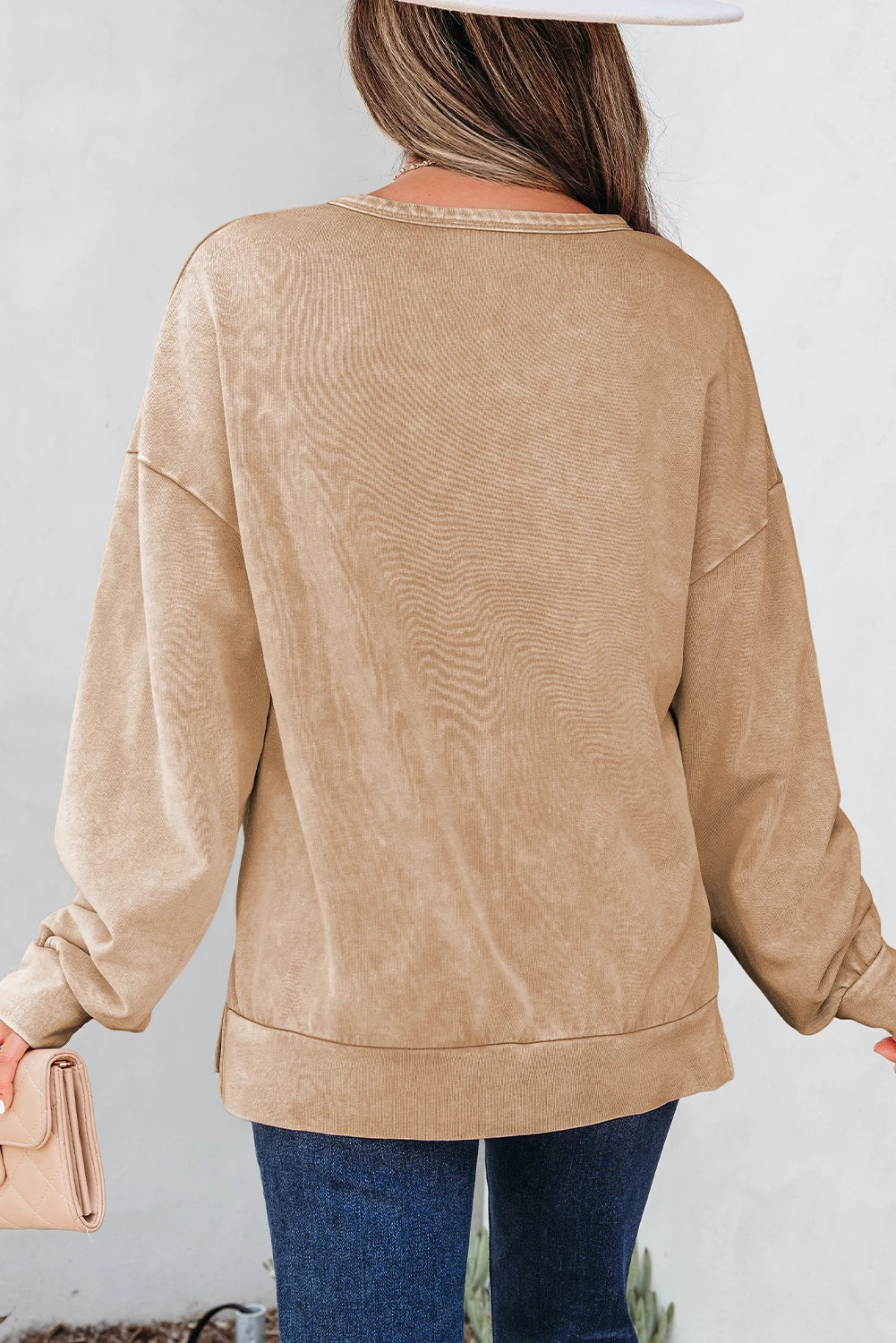 Light French Beige Mineral Wash Big Bow Patchwork Pullover Sweatshirt