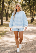 Sky Blue Plaid Baggy Pullover Drawstring Casual Shorts 2pcs Outfit