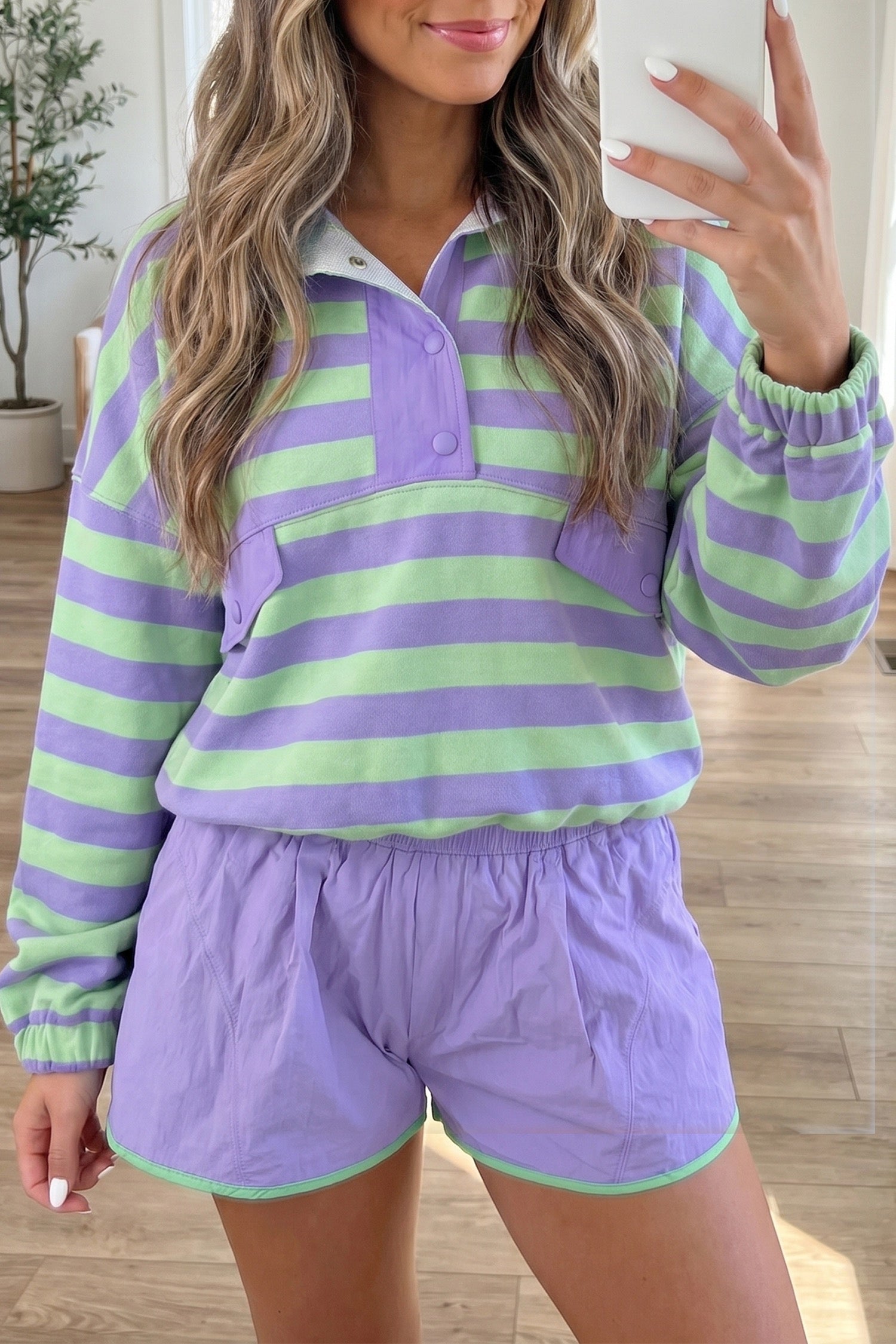 Purple Stripe Halt Button Long Sleeve Top Mix and Match Shorts 2pcs Set