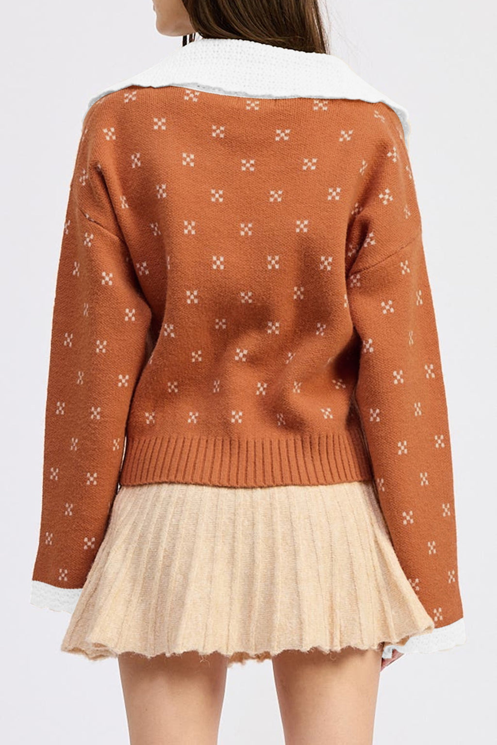 Russet Orange Peter Pan Collar Colorblock Long Sleeve Knitwear Cardigan