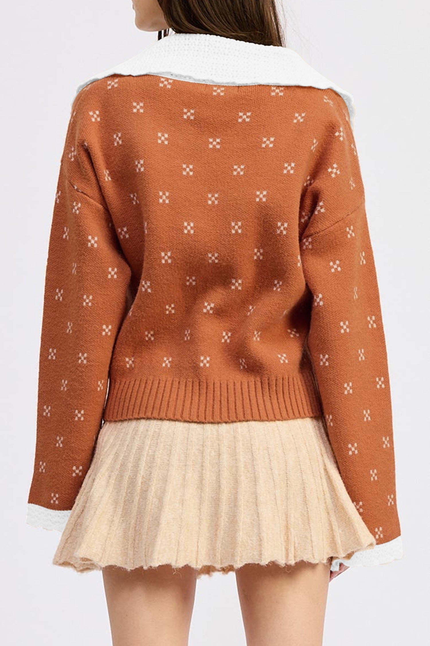 Russet Orange Peter Pan Collar Colorblock Long Sleeve Knitwear Cardigan