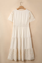 Apricot Plus Size V Neck Lacy Embroidery Patchwork Short Sleeve Maxi Dress