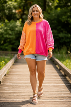 Rose Red Colorblock Gingham Sleeve Crewneck Sweatshirt