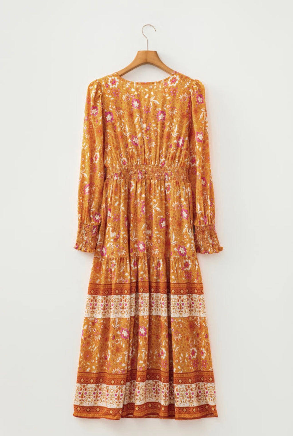 Orange Floral Print Smocked Waist Long Sleeve Boho Maxi Dress