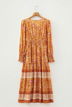 Orange Floral Print Smocked Waist Long Sleeve Boho Maxi Dress