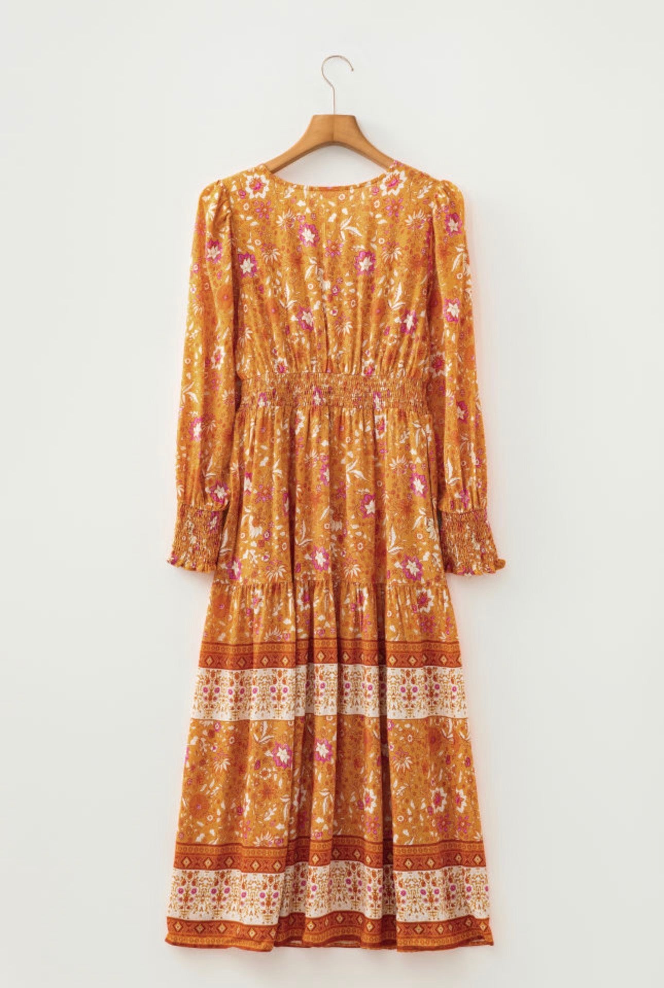 Orange Floral Print Smocked Waist Long Sleeve Boho Maxi Dress