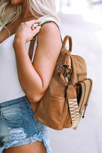 Camel Embroidered Strap Attached Large PU Leather Backpacki