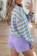 Purple Stripe Halt Button Long Sleeve Top Mix and Match Shorts 2pcs Set