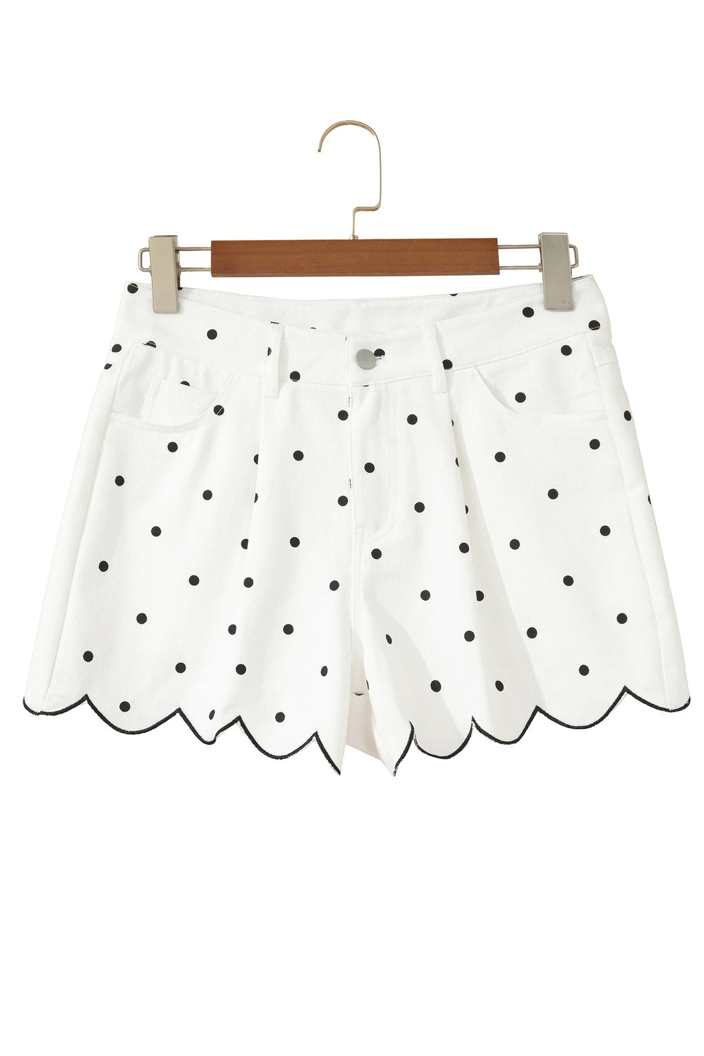 Hem Shorts White Polka Dot Print Embroidered Scallop