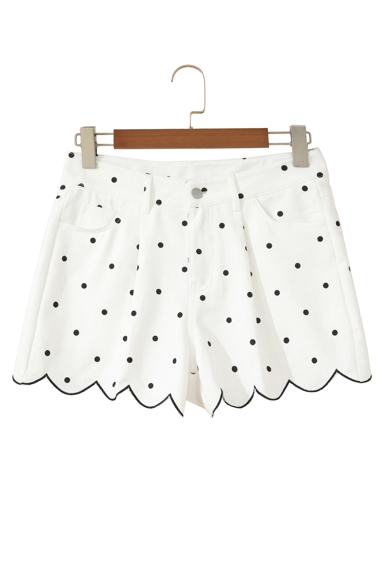 Hem Shorts White Polka Dot Print Embroidered Scallop