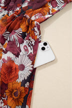 Red Floral Print Wrap V Neck Puff Sleeve Flowy Mini Dress Za