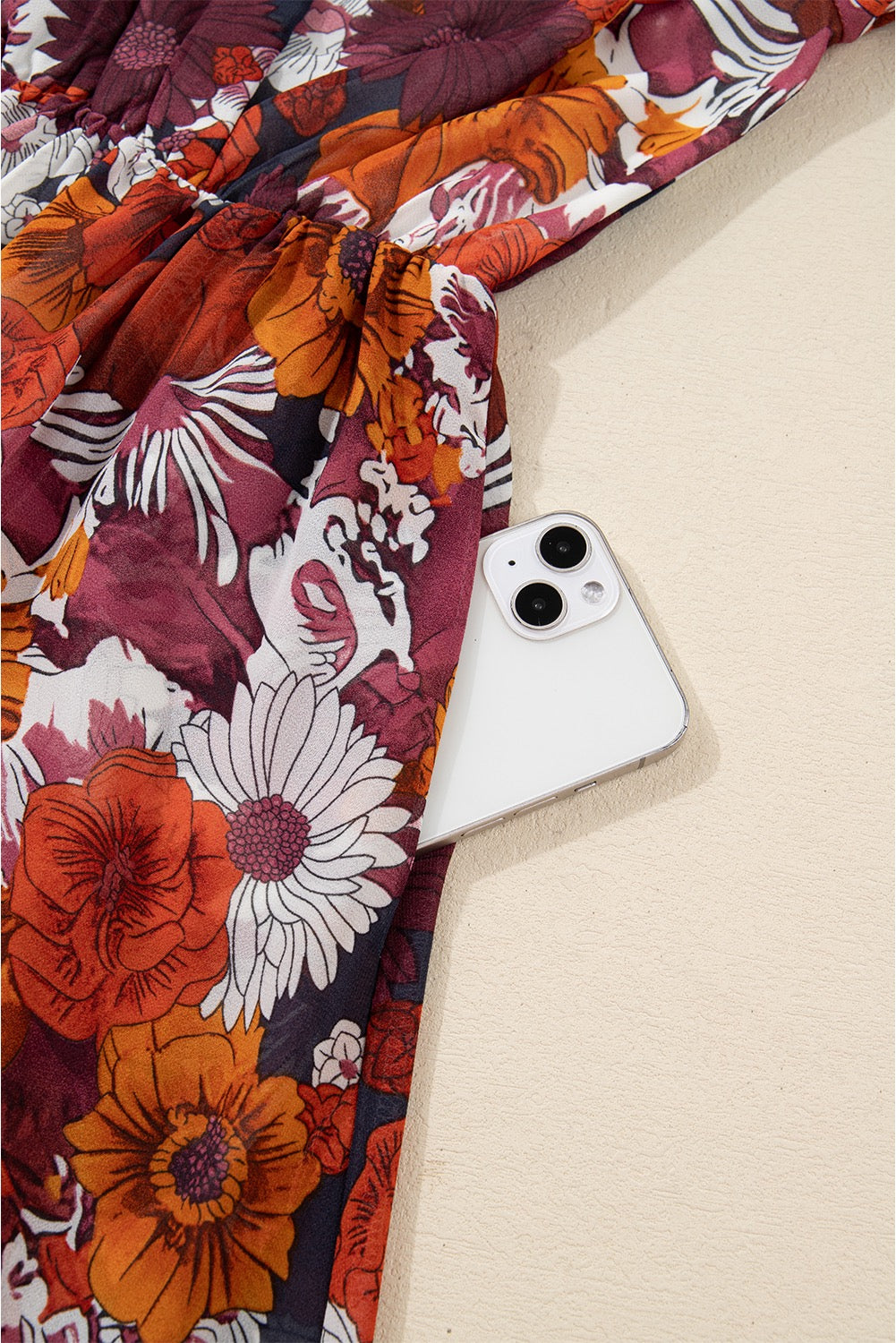Red Floral Print Wrap V Neck Puff Sleeve Flowy Mini Dress Za