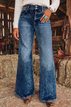 Sail Blue Acid Wash Pocket Detail Flare Jeans