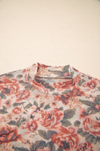 White Retro Floral Print Mock Neck Mesh Long Sleeve Top