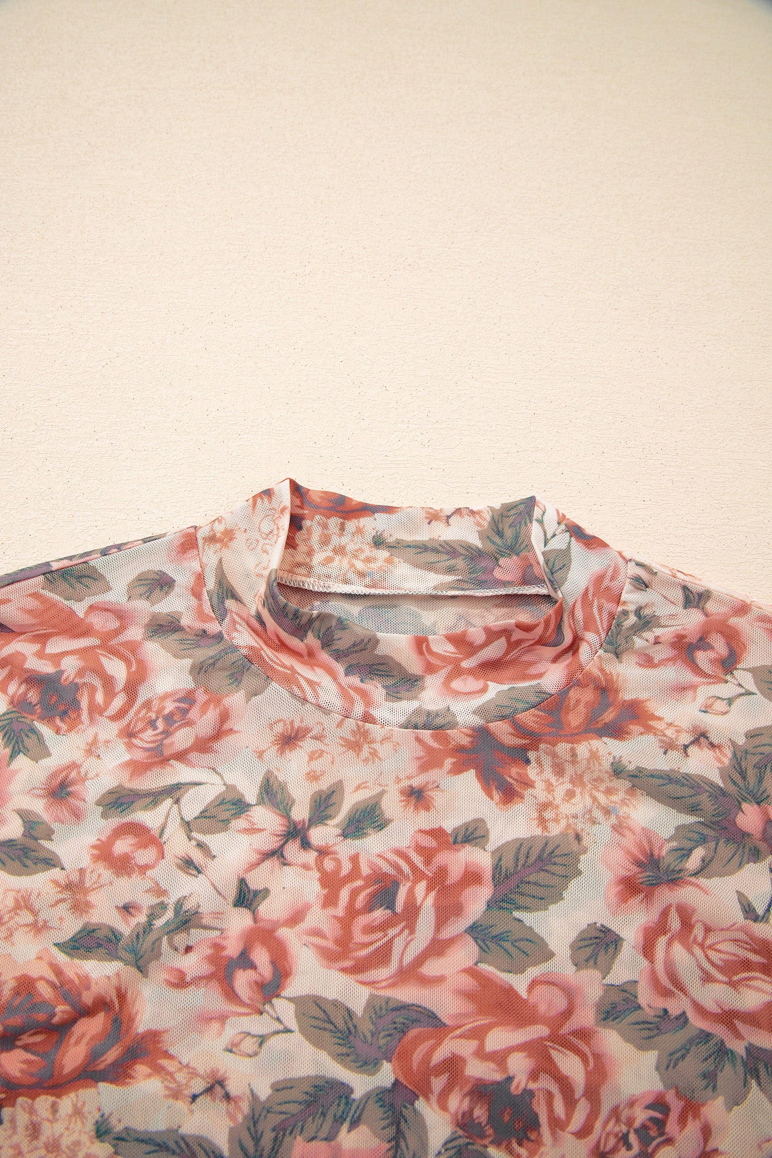 White Retro Floral Print Mock Neck Mesh Long Sleeve Top