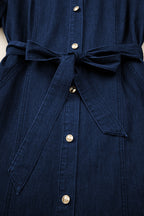 Sail Blue Full Buttons Collared Short Bubble Sleeve Long Denim Dress